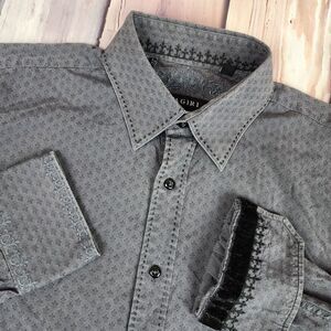 Zagiri XL Men's Long Sleeve Button Up Gray 100% Cotton Velvet Embroder Flip Cuff